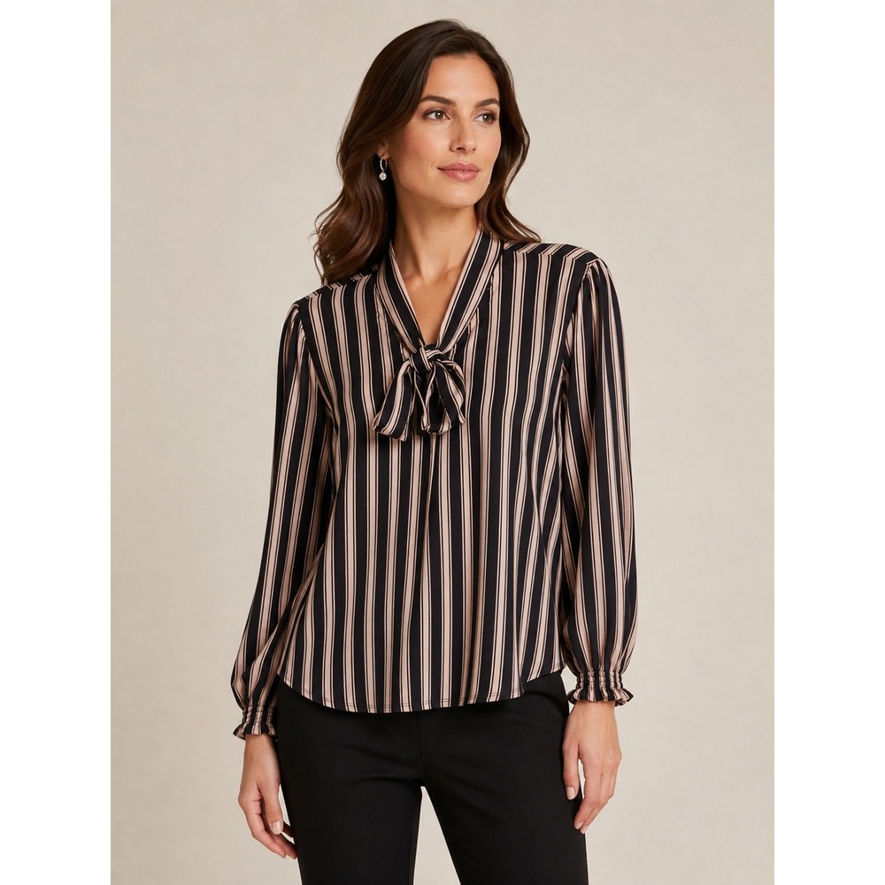 Adrianna Papell Black Blush‎ Striped Tie Neck Blouse Smocked